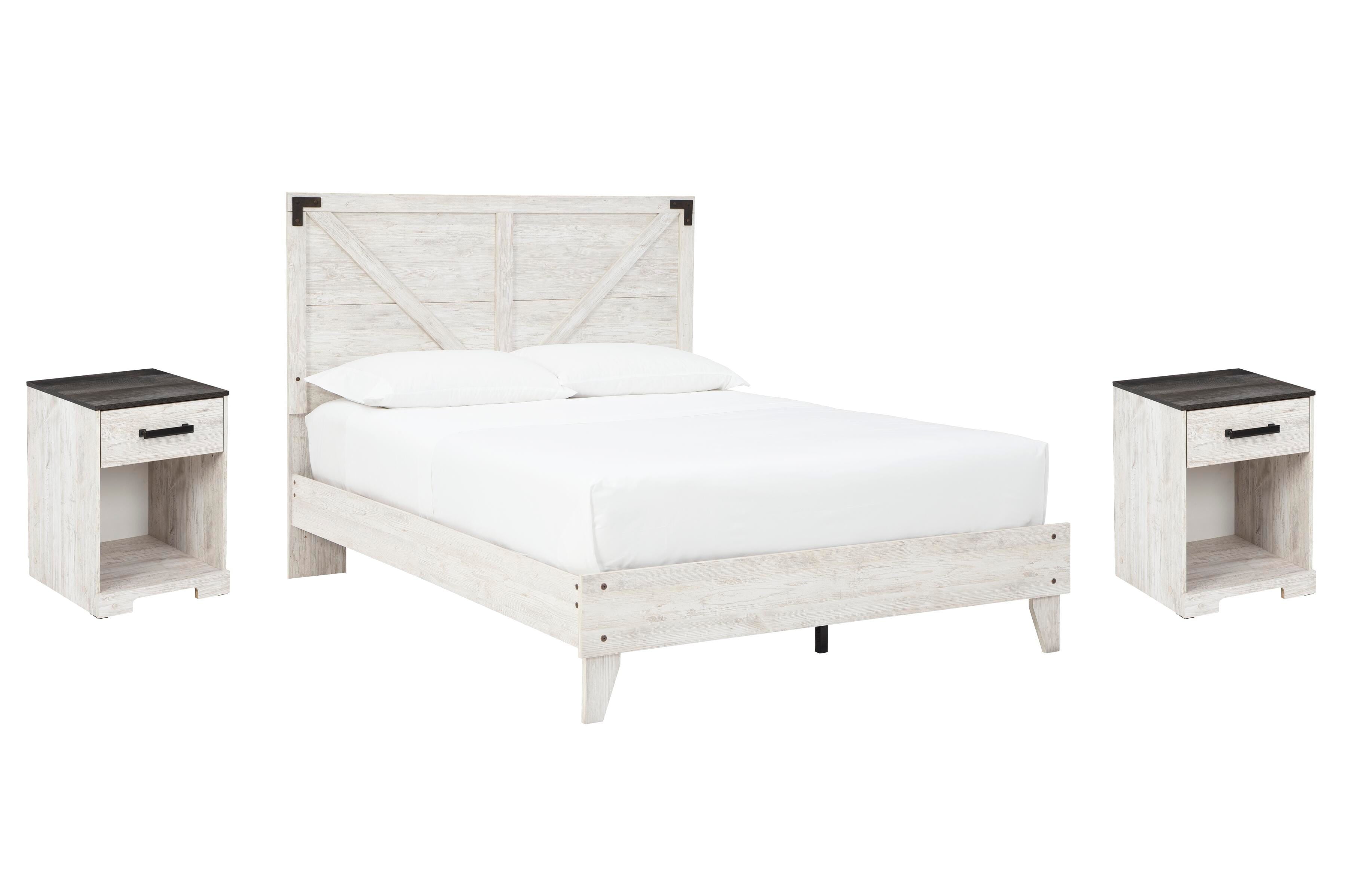Shawburn Crossbuck Panel Platform Bed and 2 Nightstands