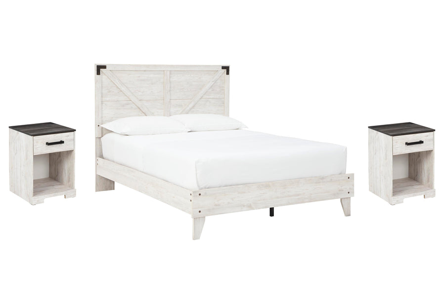 Shawburn Crossbuck Panel Platform Bed and 2 Nightstands