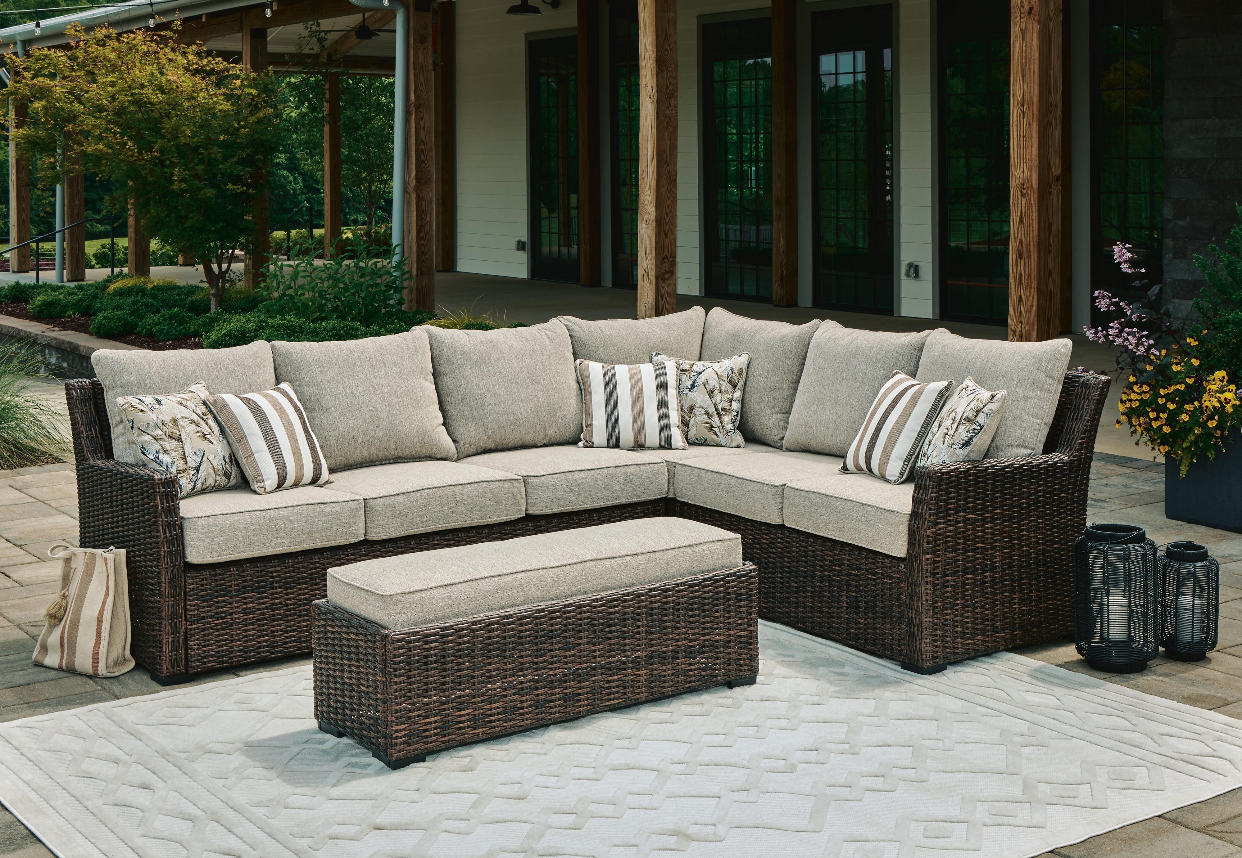 Brook Ranch Outdoor Sofa Sectional, Bench, Lounge Chair and Table