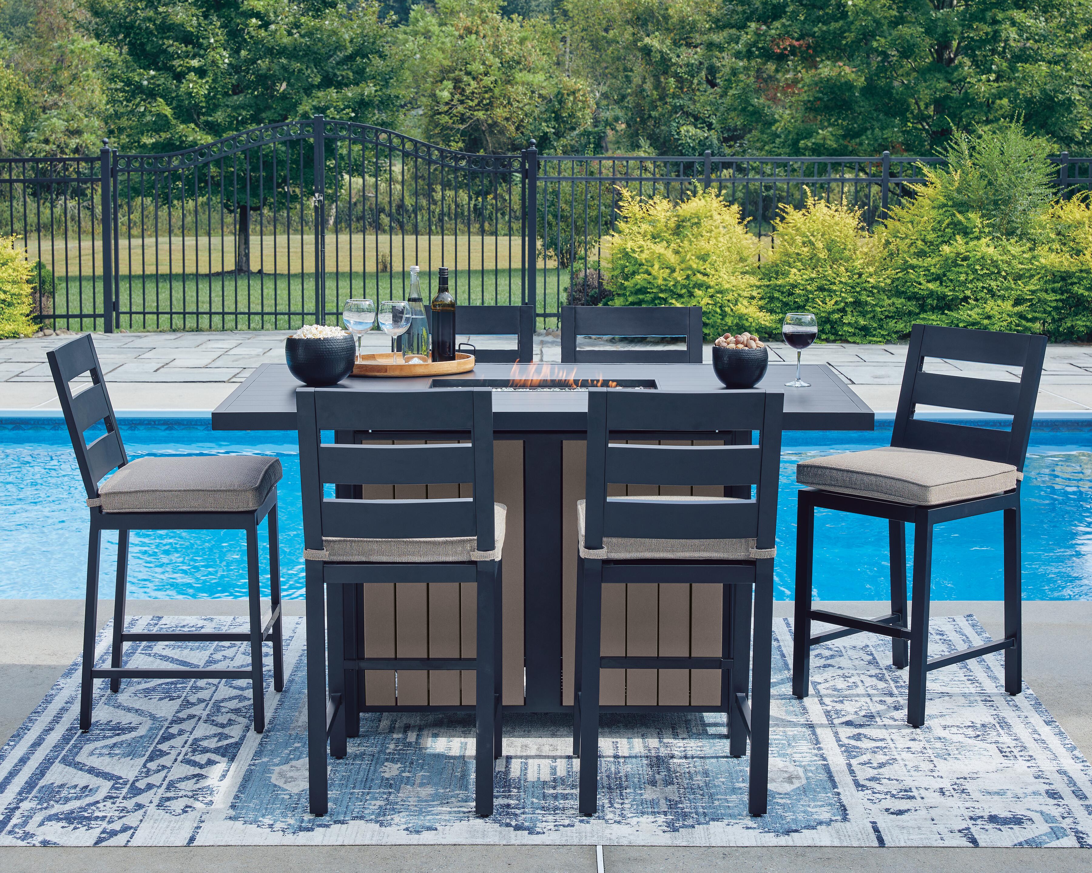 East Beach Outdoor Fire Pit Table and 6 Barstools