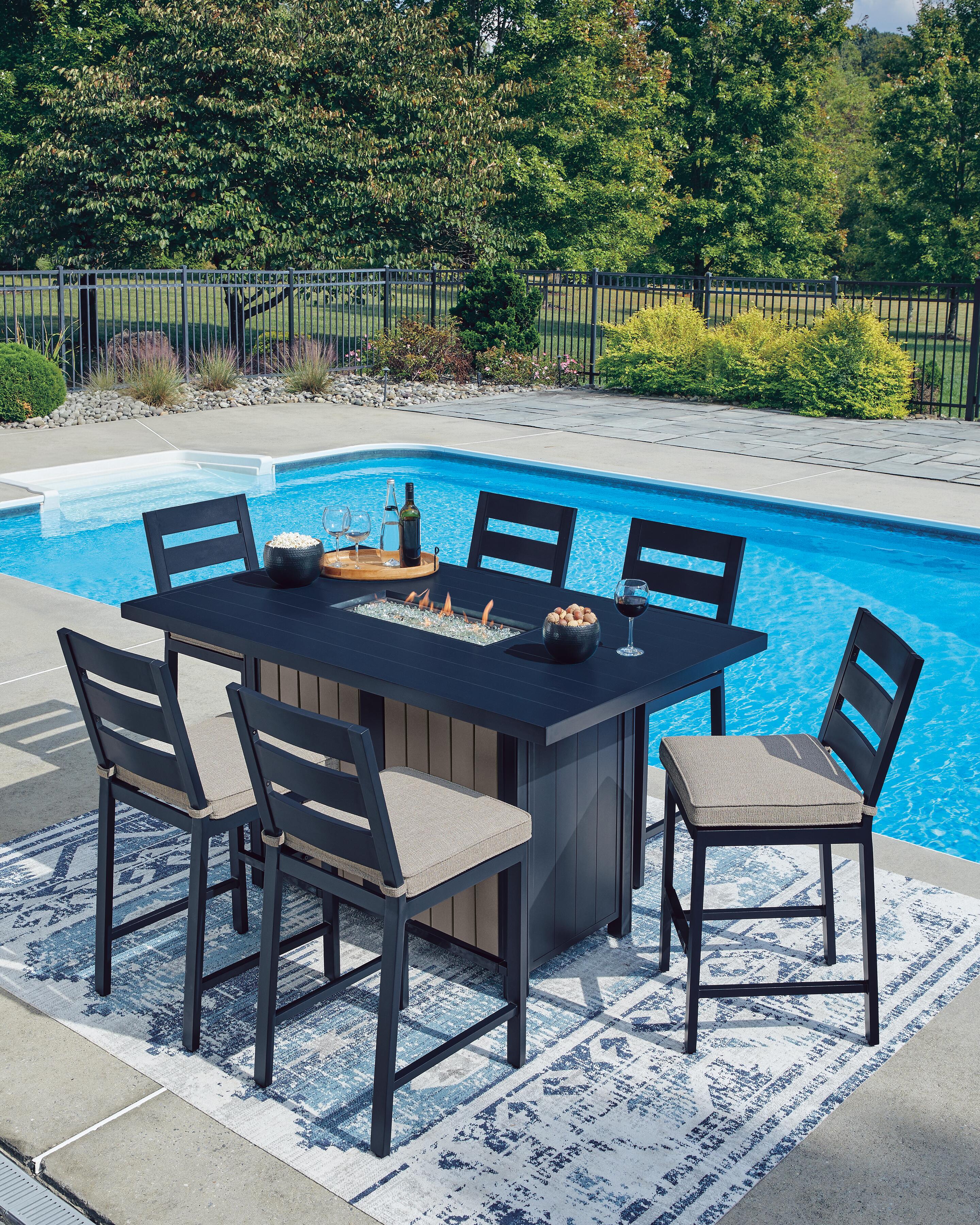 East Beach Outdoor Fire Pit Table and 6 Barstools