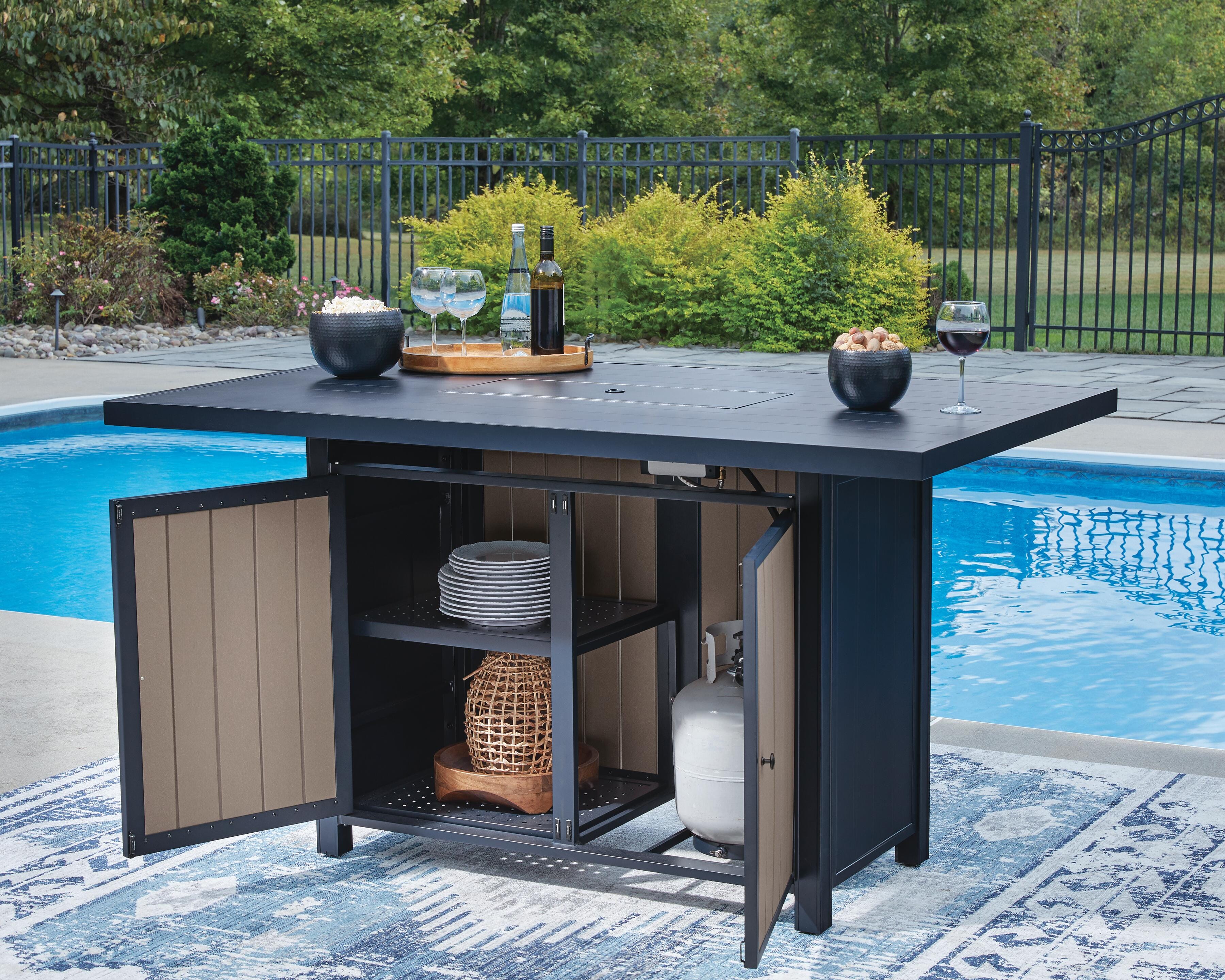 East Beach Outdoor Fire Pit Table and 6 Barstools
