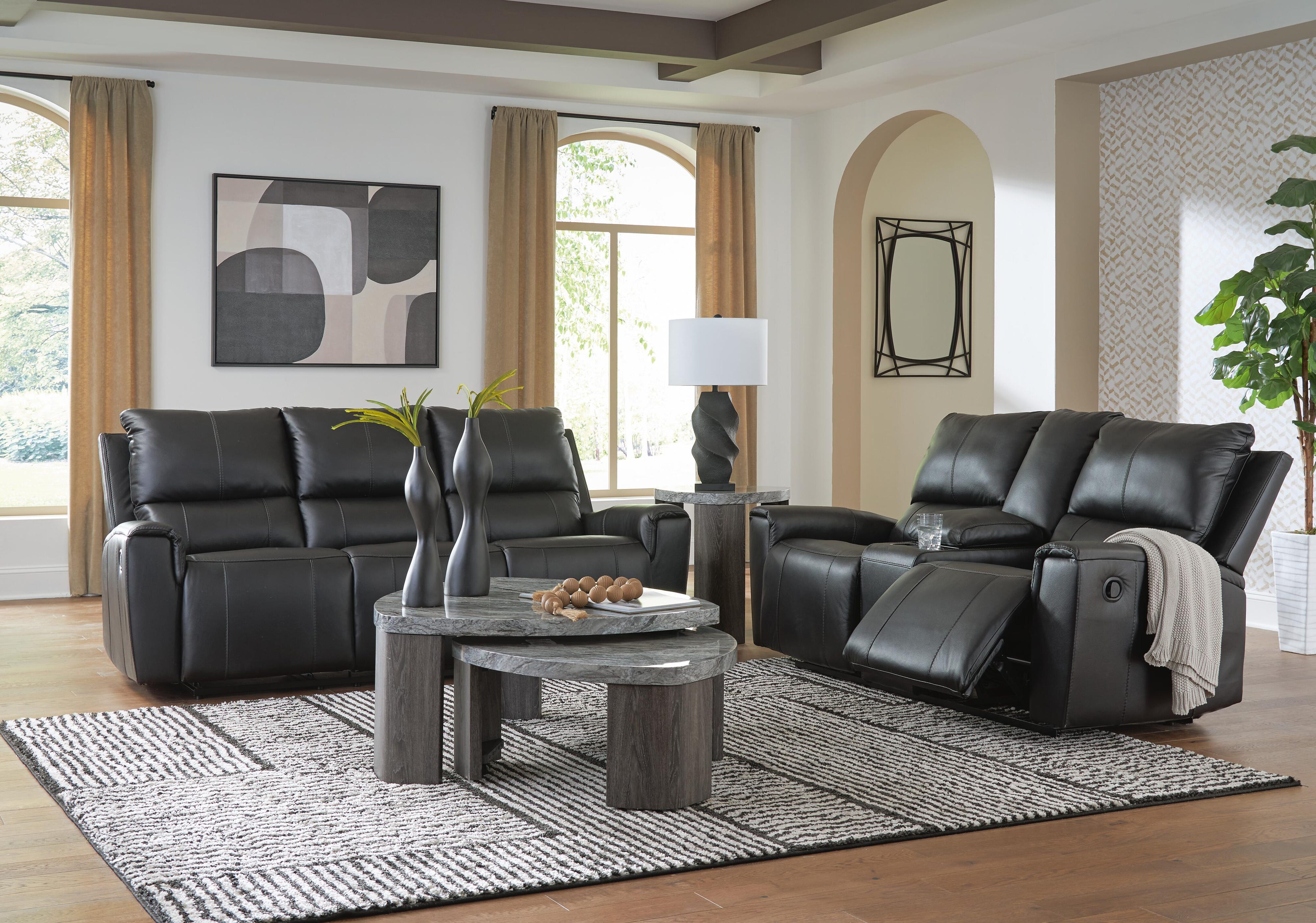 Glossmore Danemere Manual Reclining Leather Sofa and Loveseat Set